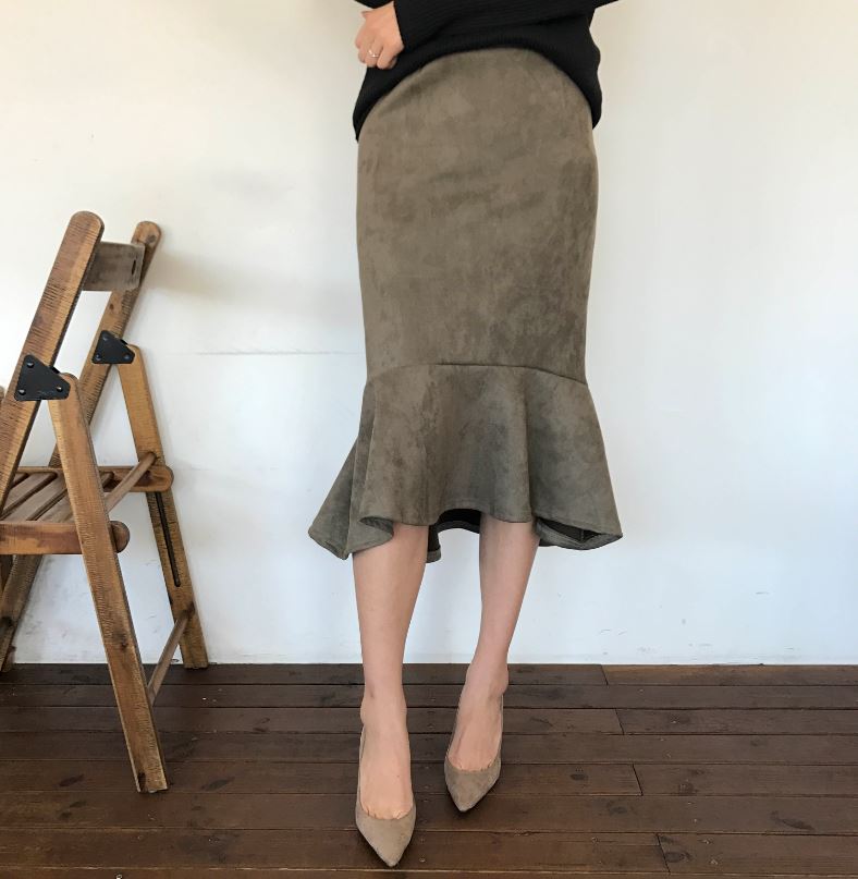 Suede frill Mommy bending long skirt 2color Brown 