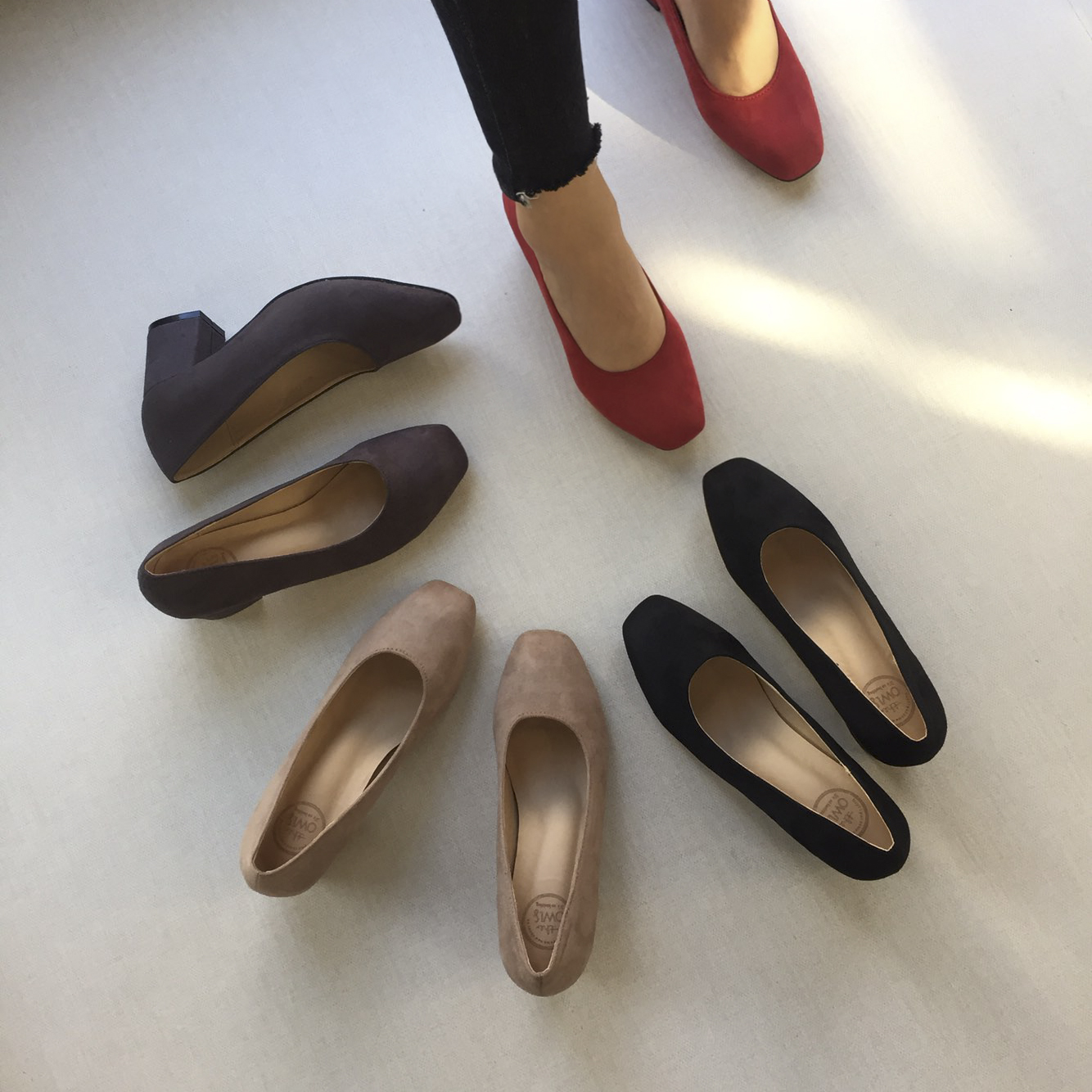 Square nose suede mid-heel pumps 6cm 4 color shoes