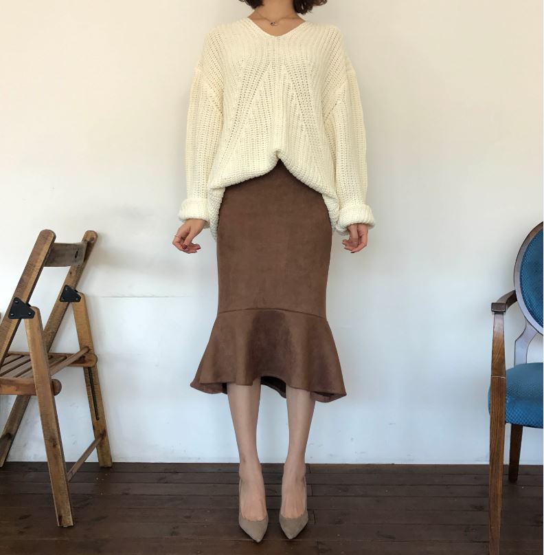 Suede frill Mommy bending long skirt 2color Brown 
