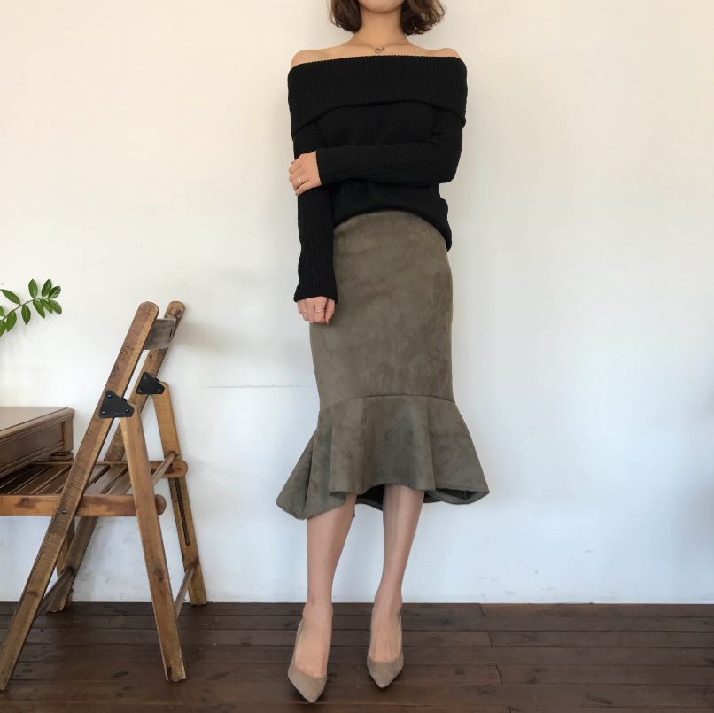 Suede frill Mommy bending long skirt 2color Brown 