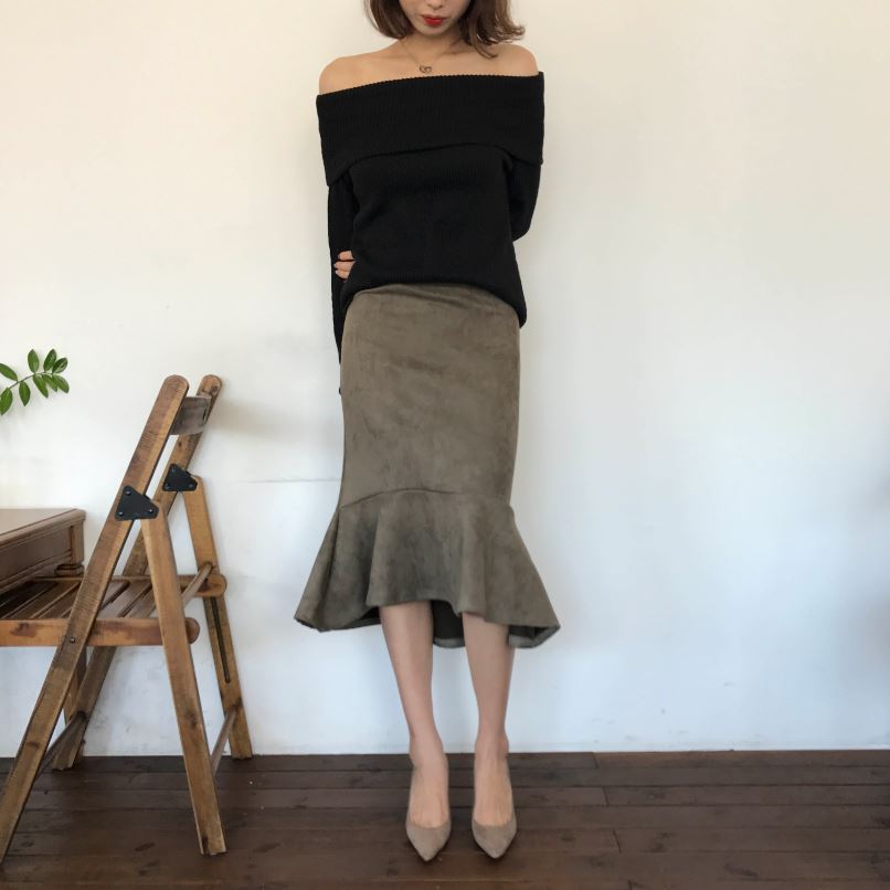 Suede frill Mommy bending long skirt 2color Brown 