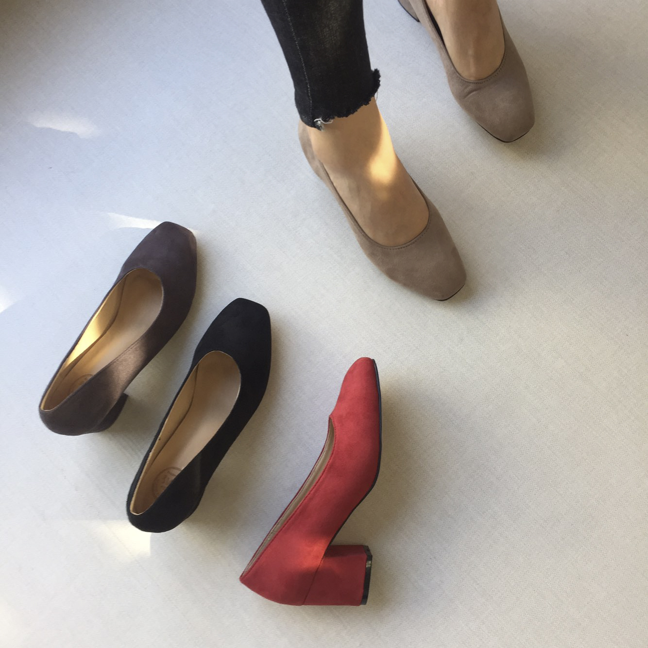 Square nose suede mid-heel pumps 6cm 4 color shoes