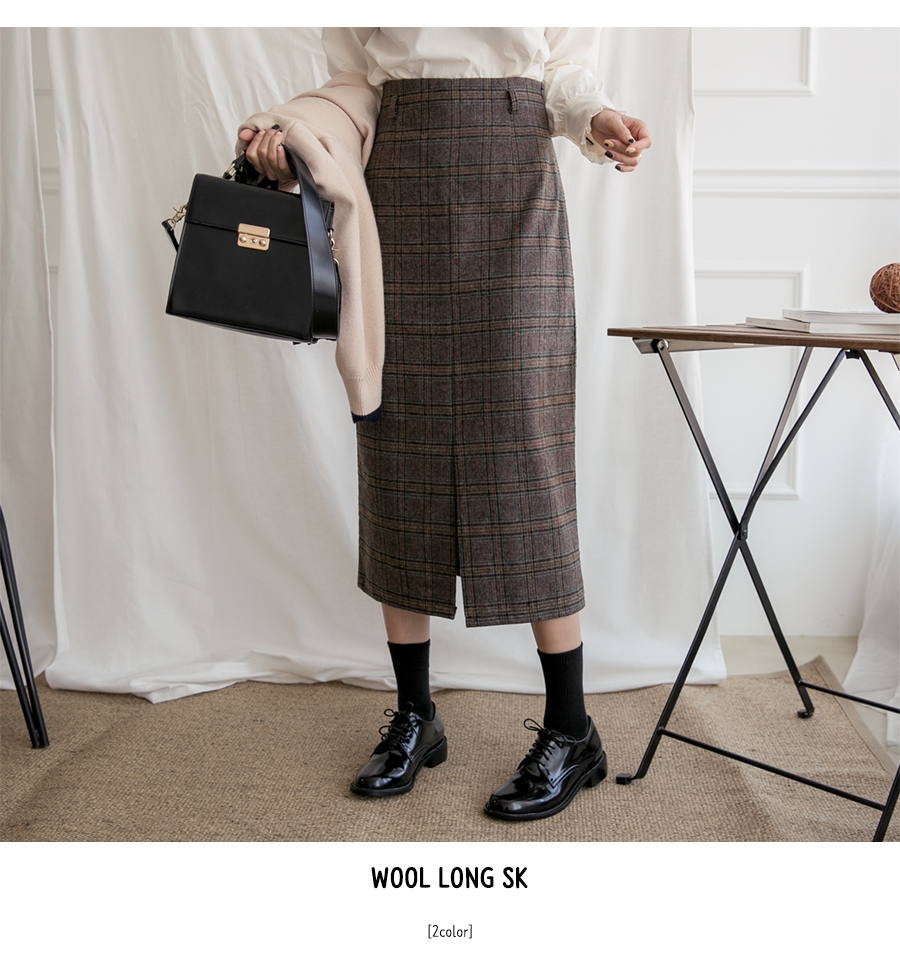Feminine wool blend Check slit top skirt Long skir