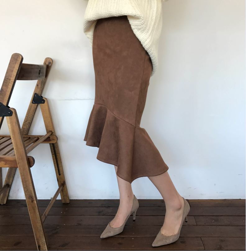 Suede frill Mommy bending long skirt 2color Brown 