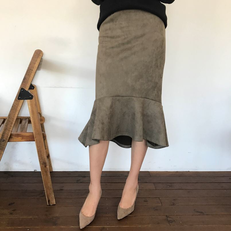 Suede frill Mommy bending long skirt 2color Brown 