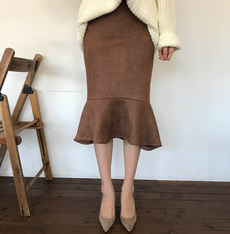 Suede frill Mommy bending long skirt 2color Brown 