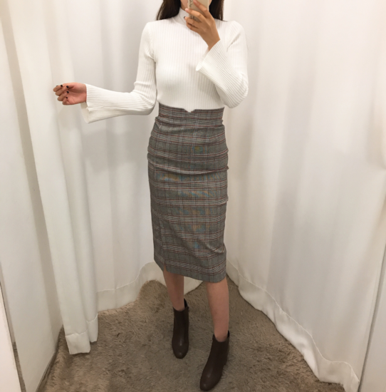 H line high waist check long skirt autumn skirt tr