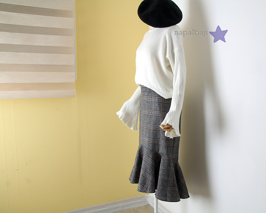 Glen check unbalance winter wool mermaid skirt lon