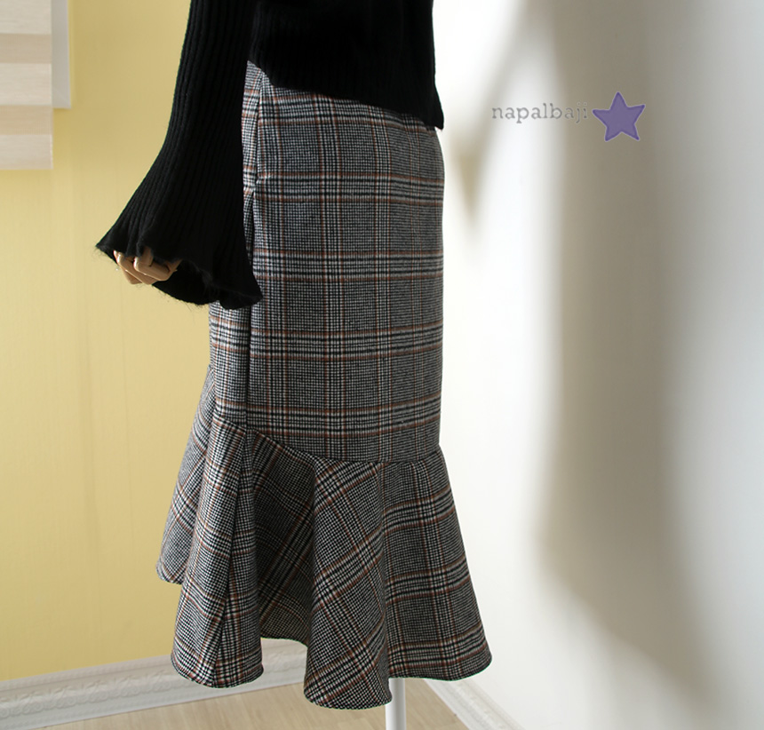 Glen check unbalance winter wool mermaid skirt lon