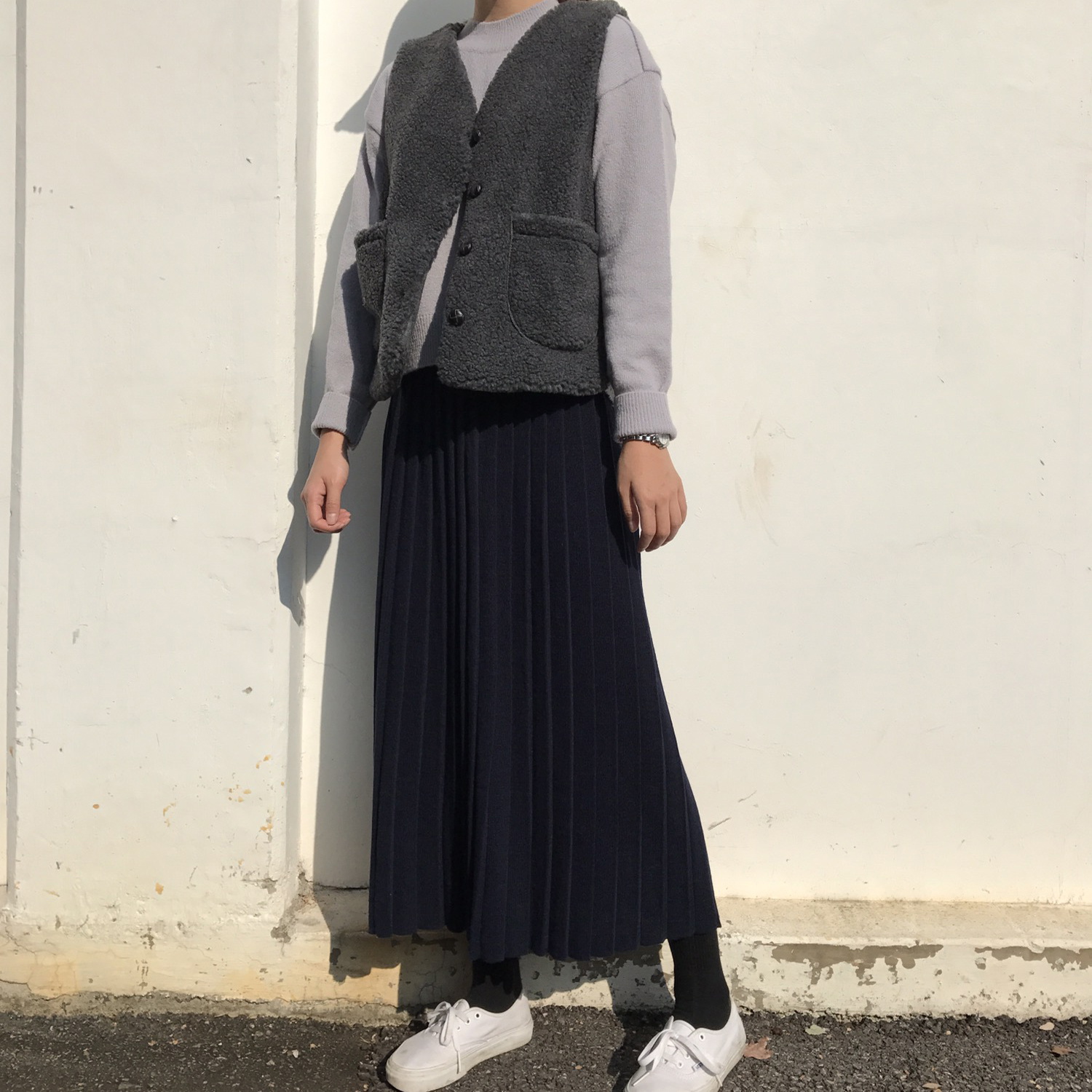 Winter knit pleated long skirt 4color wrinkles