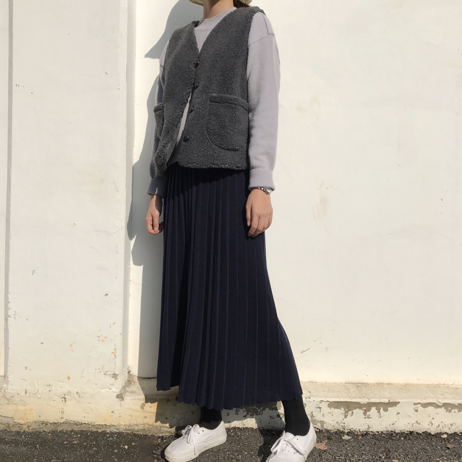 Winter knit pleated long skirt 4color wrinkles