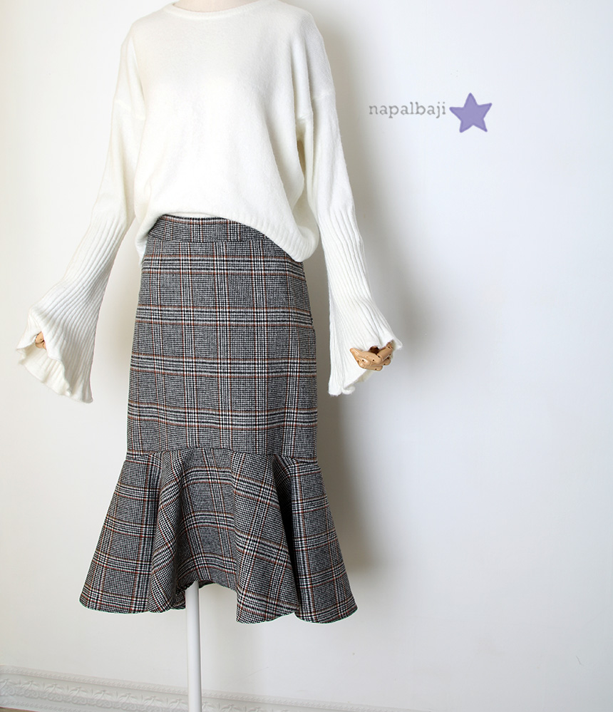 Glen check unbalance winter wool mermaid skirt lon
