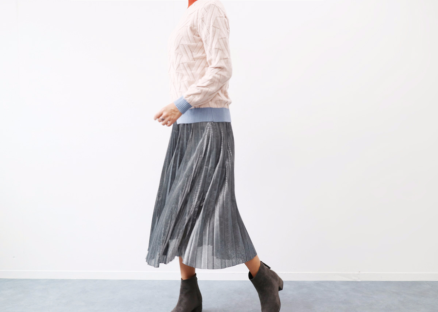 Gold Silver Metal Pearl Pleated Banding Long Skirt