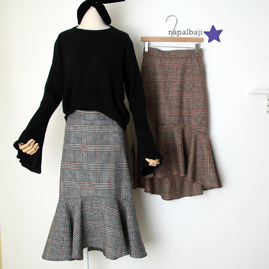 Glen check unbalance winter wool mermaid skirt lon