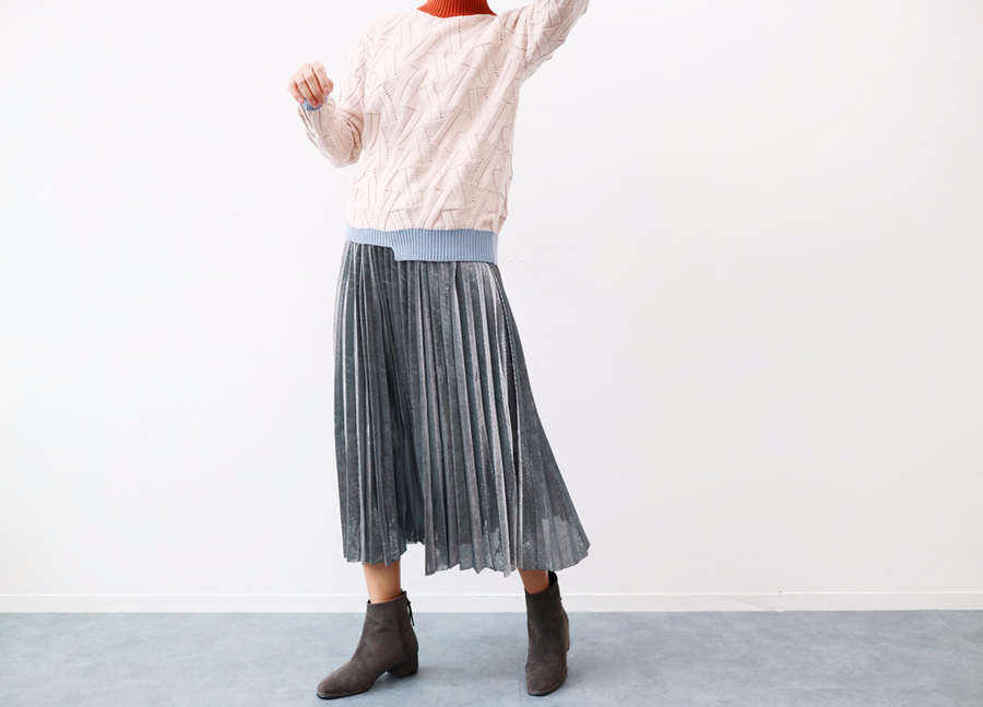 Gold Silver Metal Pearl Pleated Banding Long Skirt