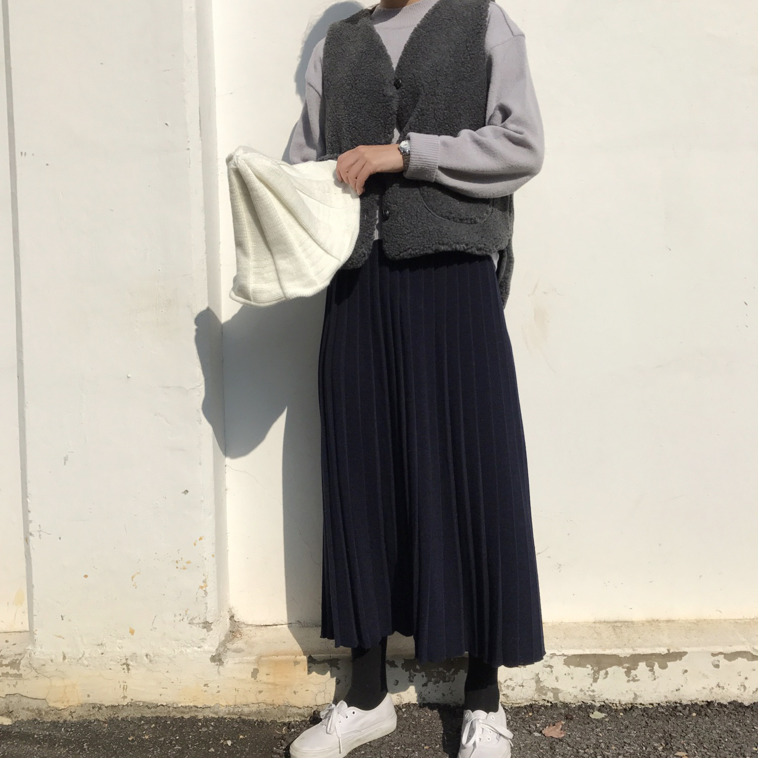 Winter knit pleated long skirt 4color wrinkles