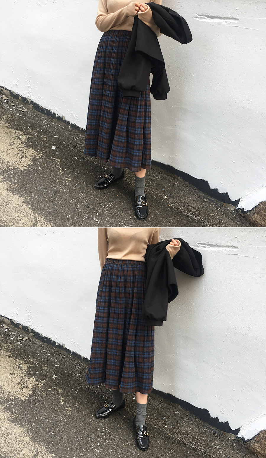 Modern Check Flare Banding Skirt Women Winter a Li