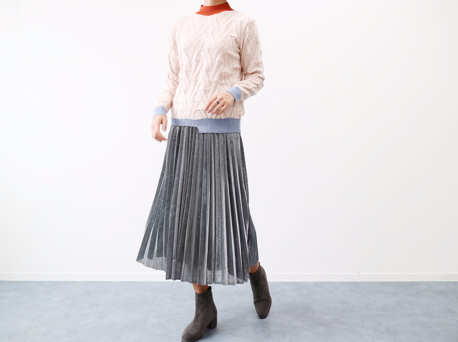Gold Silver Metal Pearl Pleated Banding Long Skirt