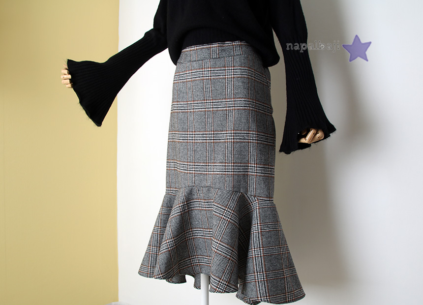 Glen check unbalance winter wool mermaid skirt lon