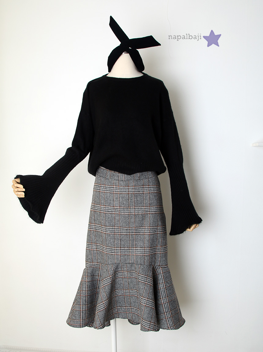Glen check unbalance winter wool mermaid skirt lon