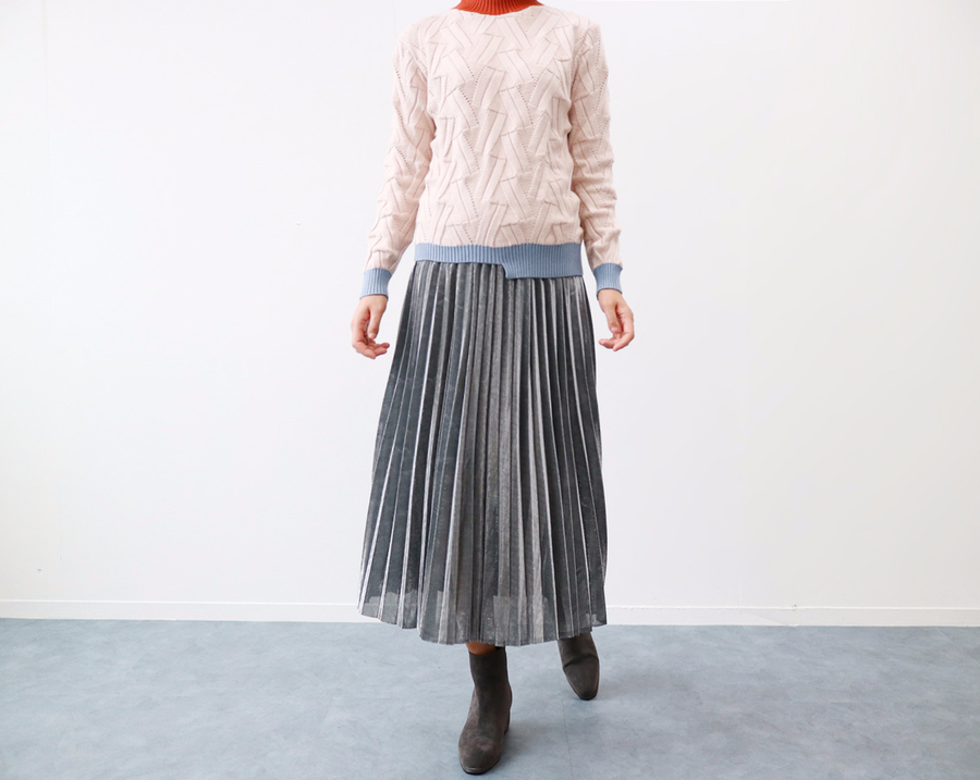 Gold Silver Metal Pearl Pleated Banding Long Skirt