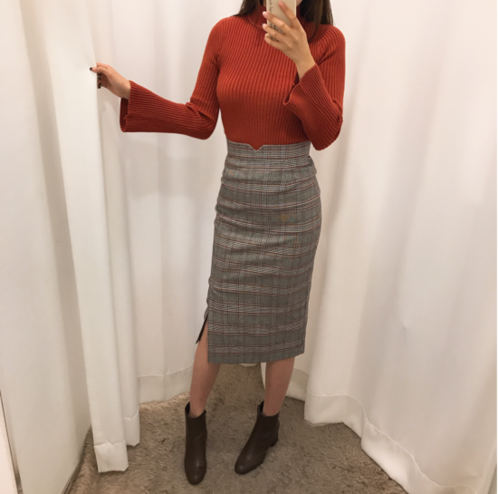 H line high waist check long skirt autumn skirt tr