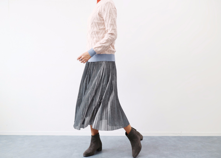 Gold Silver Metal Pearl Pleated Banding Long Skirt