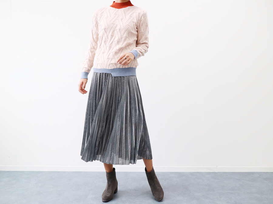 Gold Silver Metal Pearl Pleated Banding Long Skirt