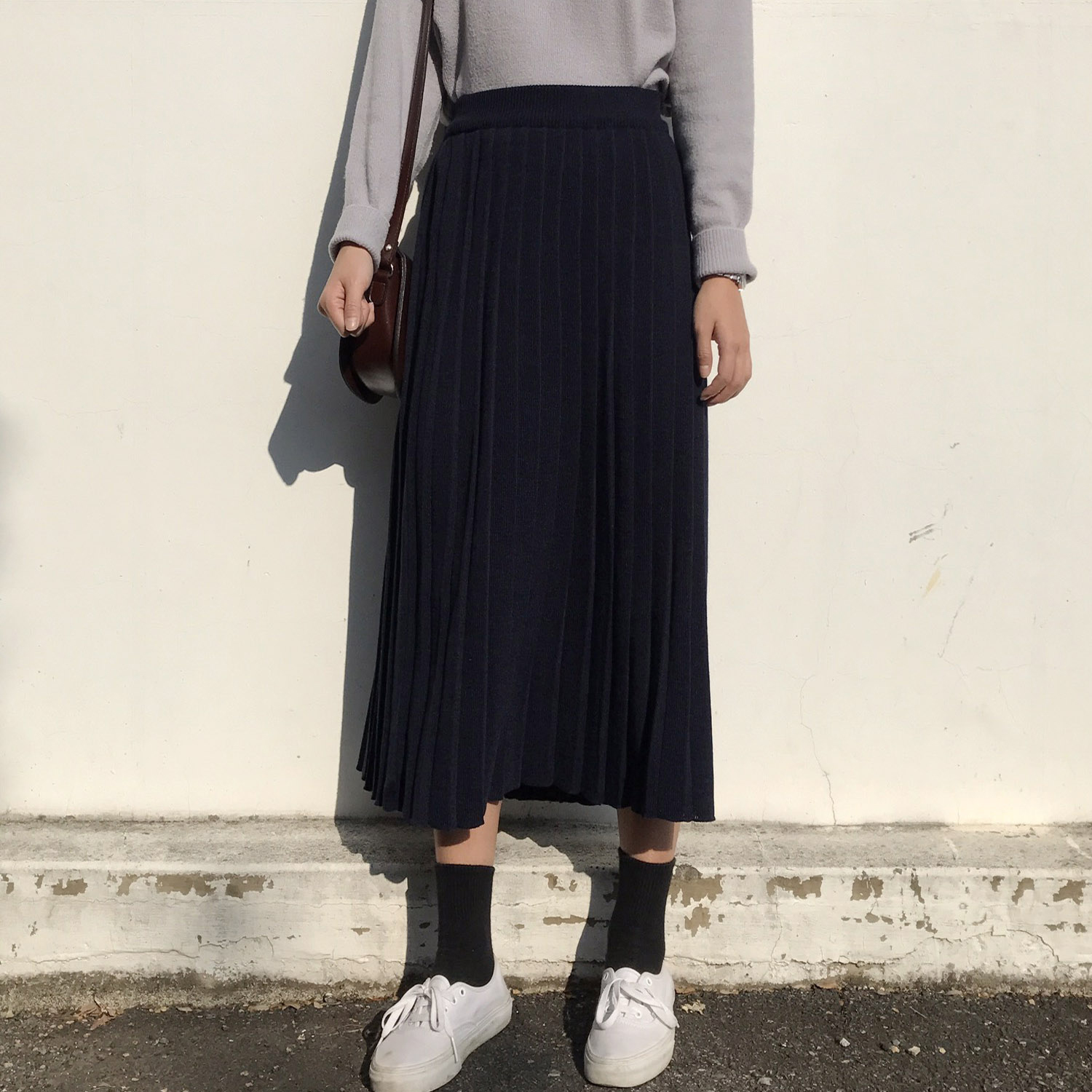 Winter knit pleated long skirt 4color wrinkles