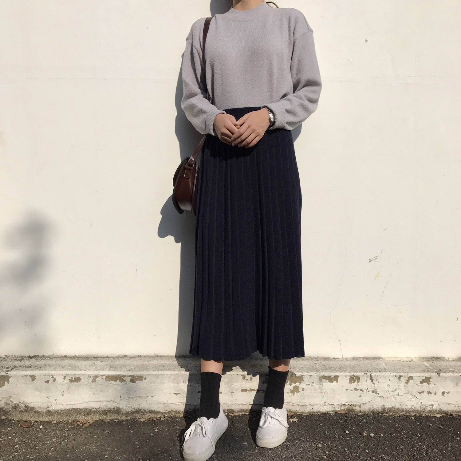 Winter knit pleated long skirt 4color wrinkles