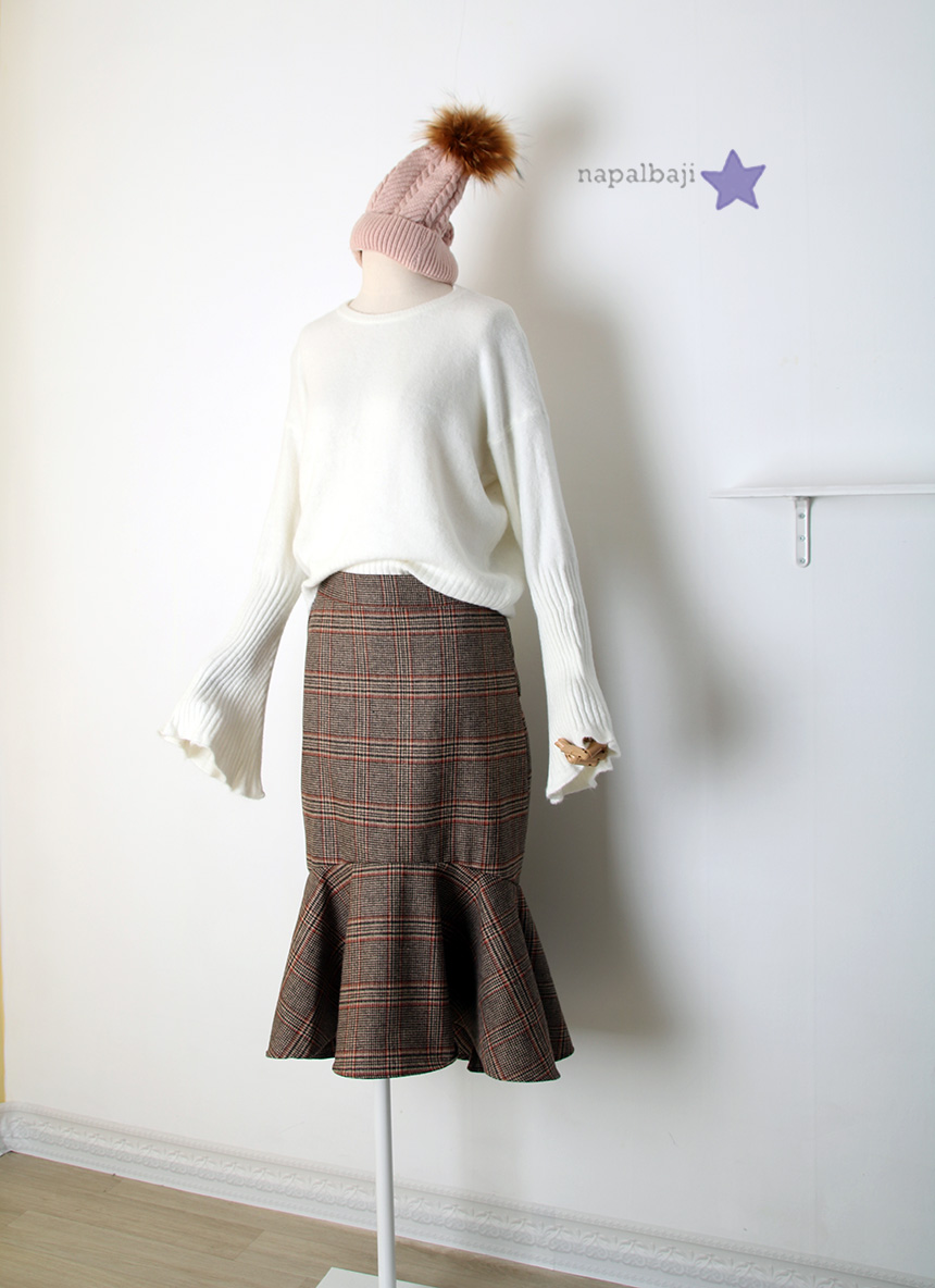 Glen check unbalance winter wool mermaid skirt lon