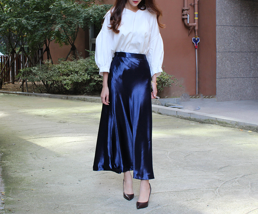 Silk Satin Flare Long Skirt Blue, Silver, Hepburn 