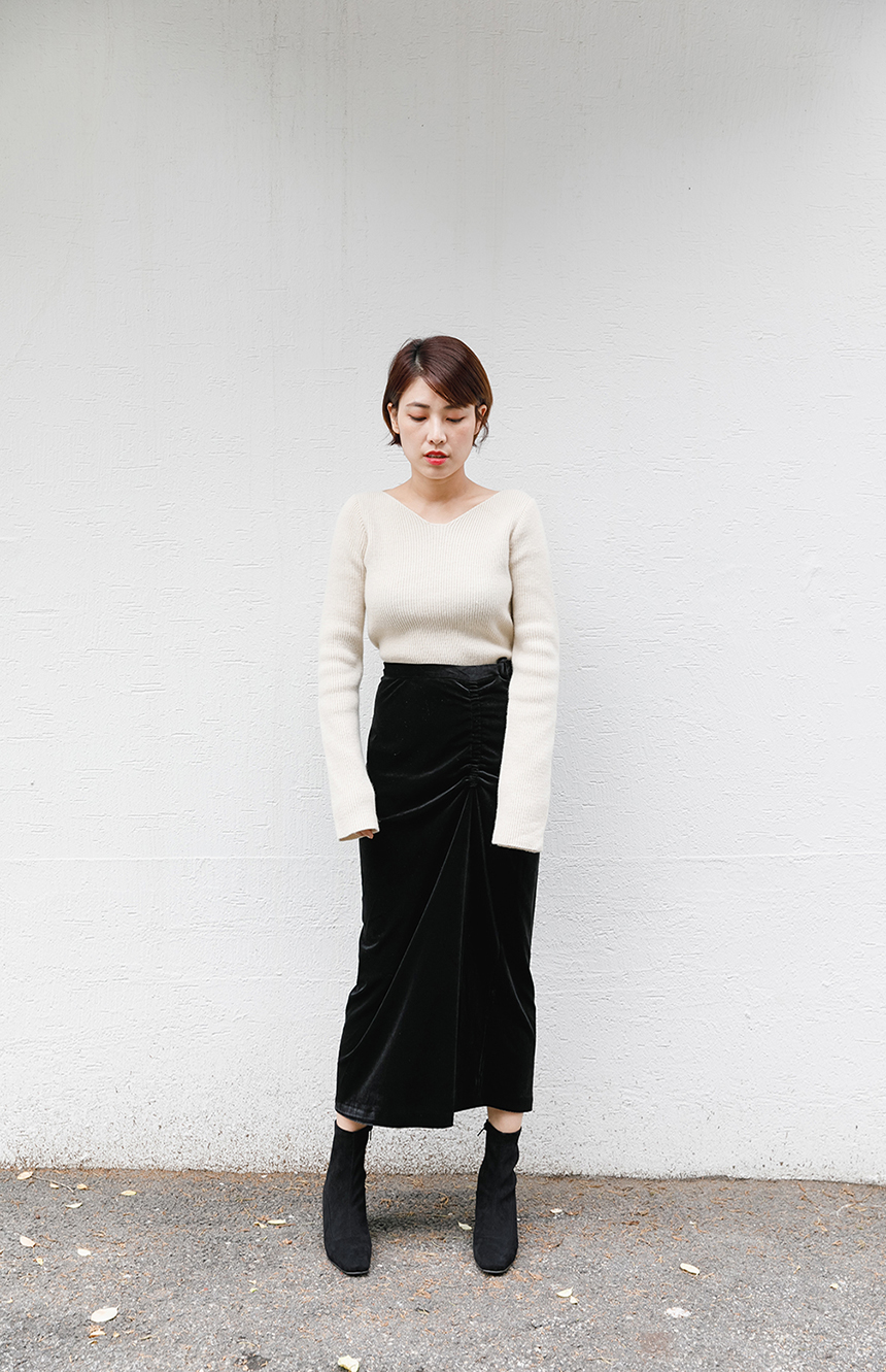 Velvet shirring long skirt 3colors easy to look in