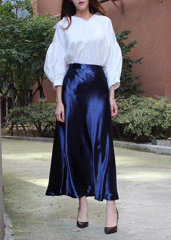 Silk Satin Flare Long Skirt Blue, Silver, Hepburn 