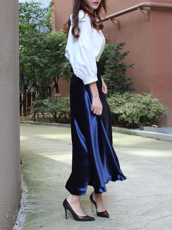 Silk Satin Flare Long Skirt Blue, Silver, Hepburn 