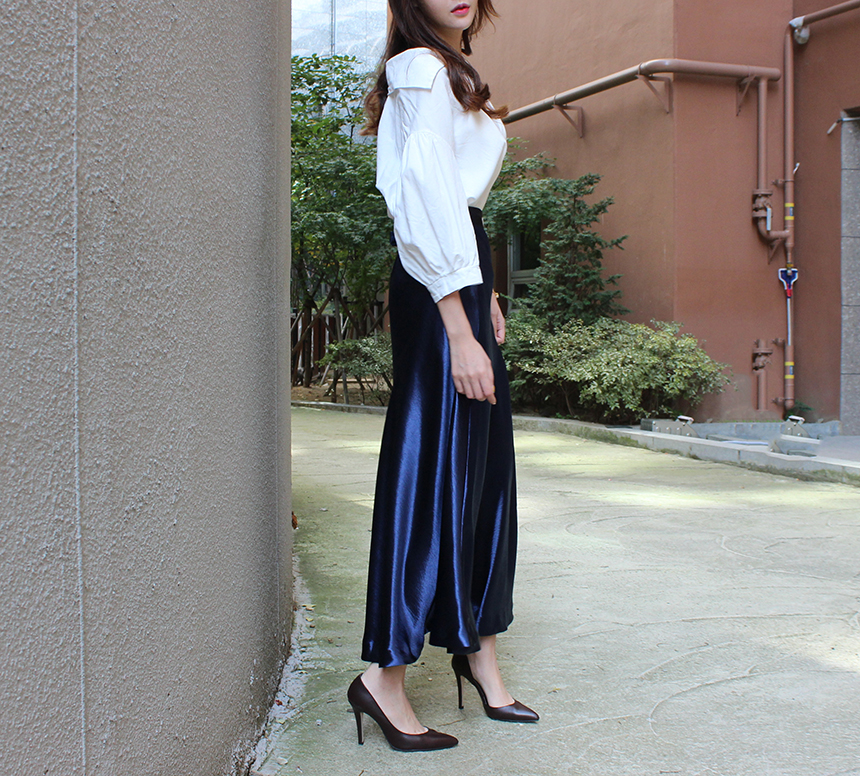 Silk Satin Flare Long Skirt Blue, Silver, Hepburn 