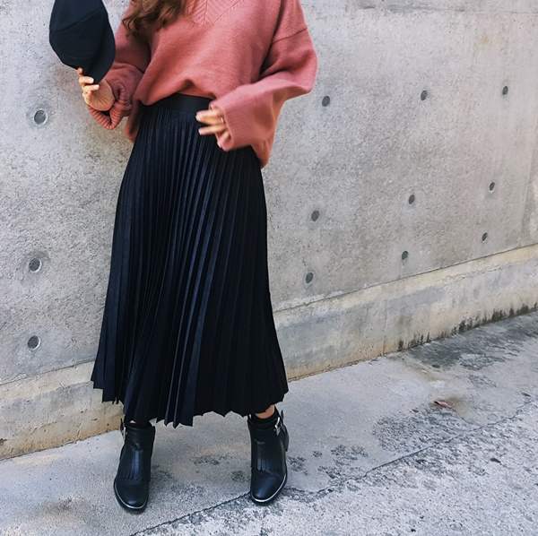 Pleated Pleated Long Skirt 3color Sun My Way Metal