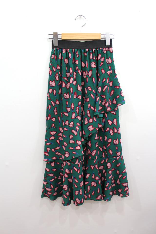 Chiffon Canvas Long Skirt Green Black Flower Midi 
