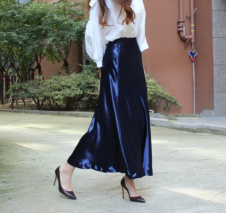 Silk Satin Flare Long Skirt Blue, Silver, Hepburn 