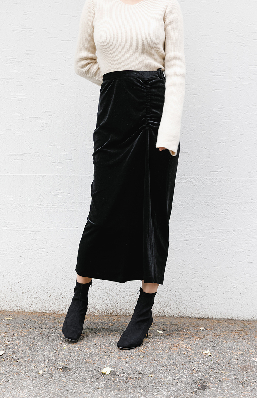 Velvet shirring long skirt 3colors easy to look in
