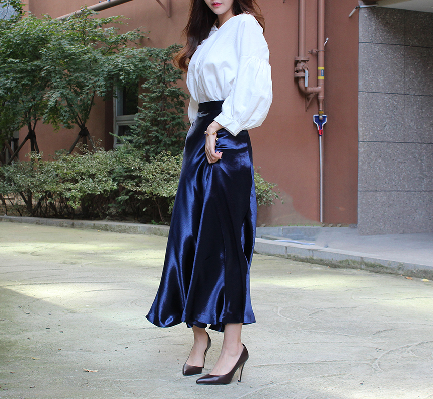 Silk Satin Flare Long Skirt Blue, Silver, Hepburn 