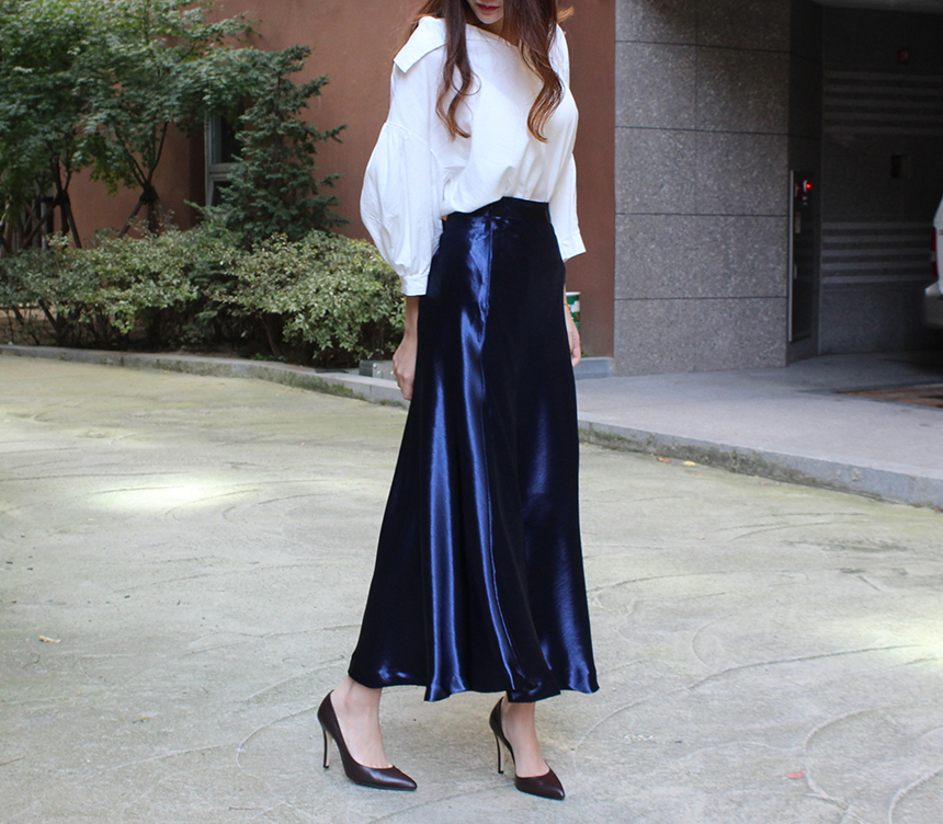 Silk Satin Flare Long Skirt Blue, Silver, Hepburn 