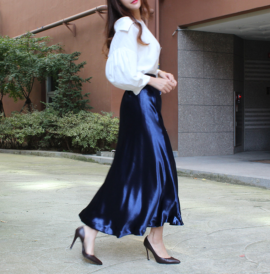 Silk Satin Flare Long Skirt Blue, Silver, Hepburn 