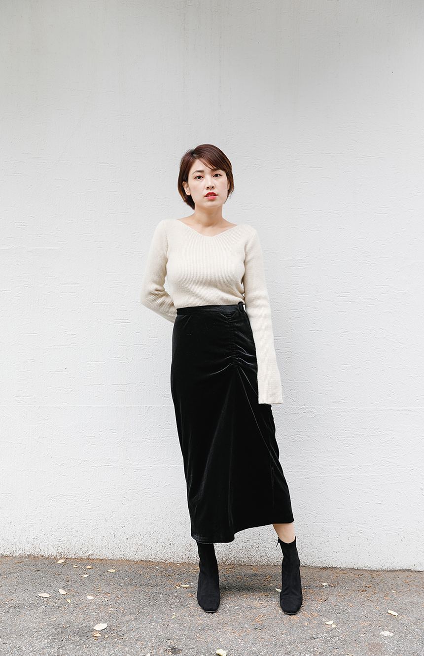 Velvet shirring long skirt 3colors easy to look in