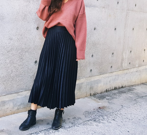 Pleated Pleated Long Skirt 3color Sun My Way Metal