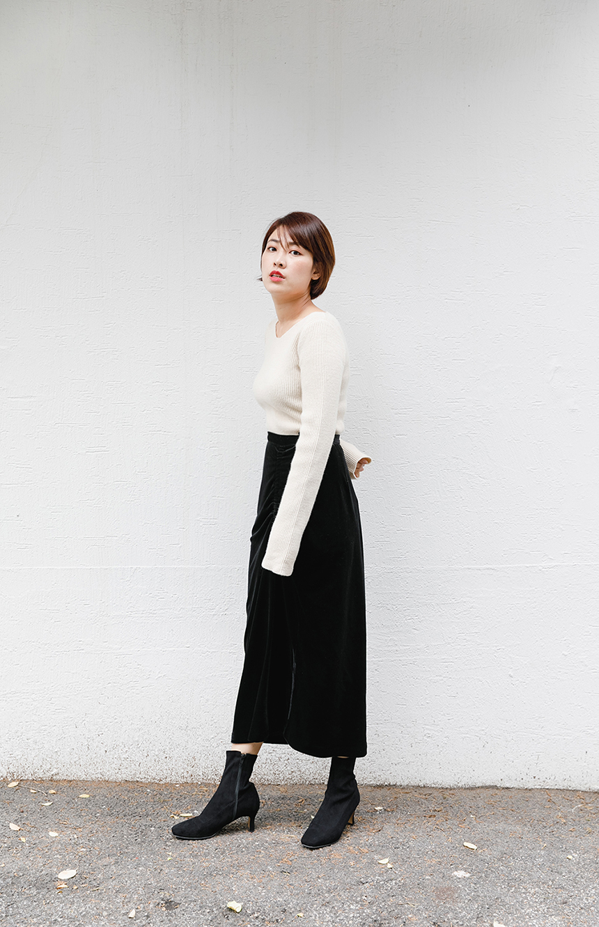 Velvet shirring long skirt 3colors easy to look in