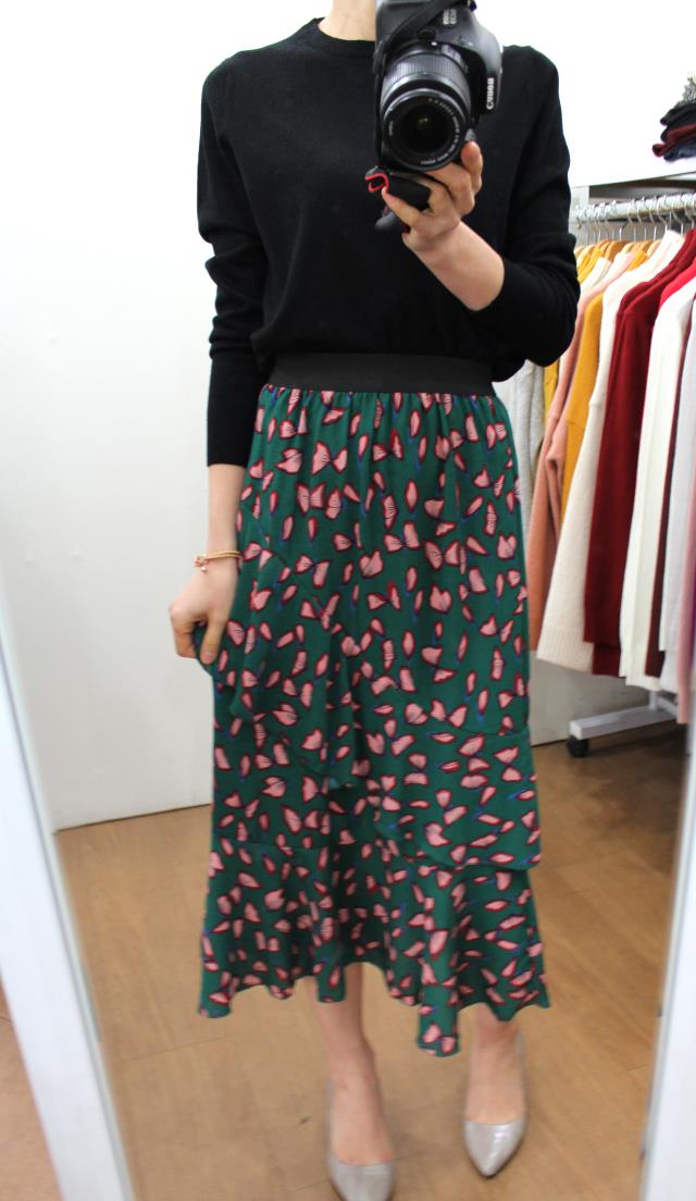 Chiffon Canvas Long Skirt Green Black Flower Midi 