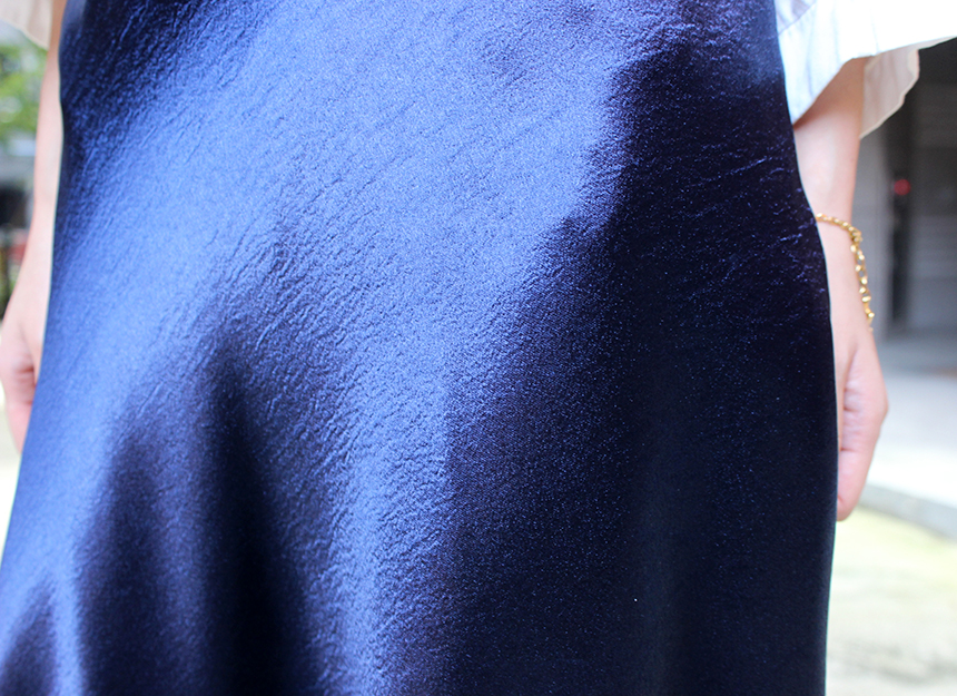 Silk Satin Flare Long Skirt Blue, Silver, Hepburn 