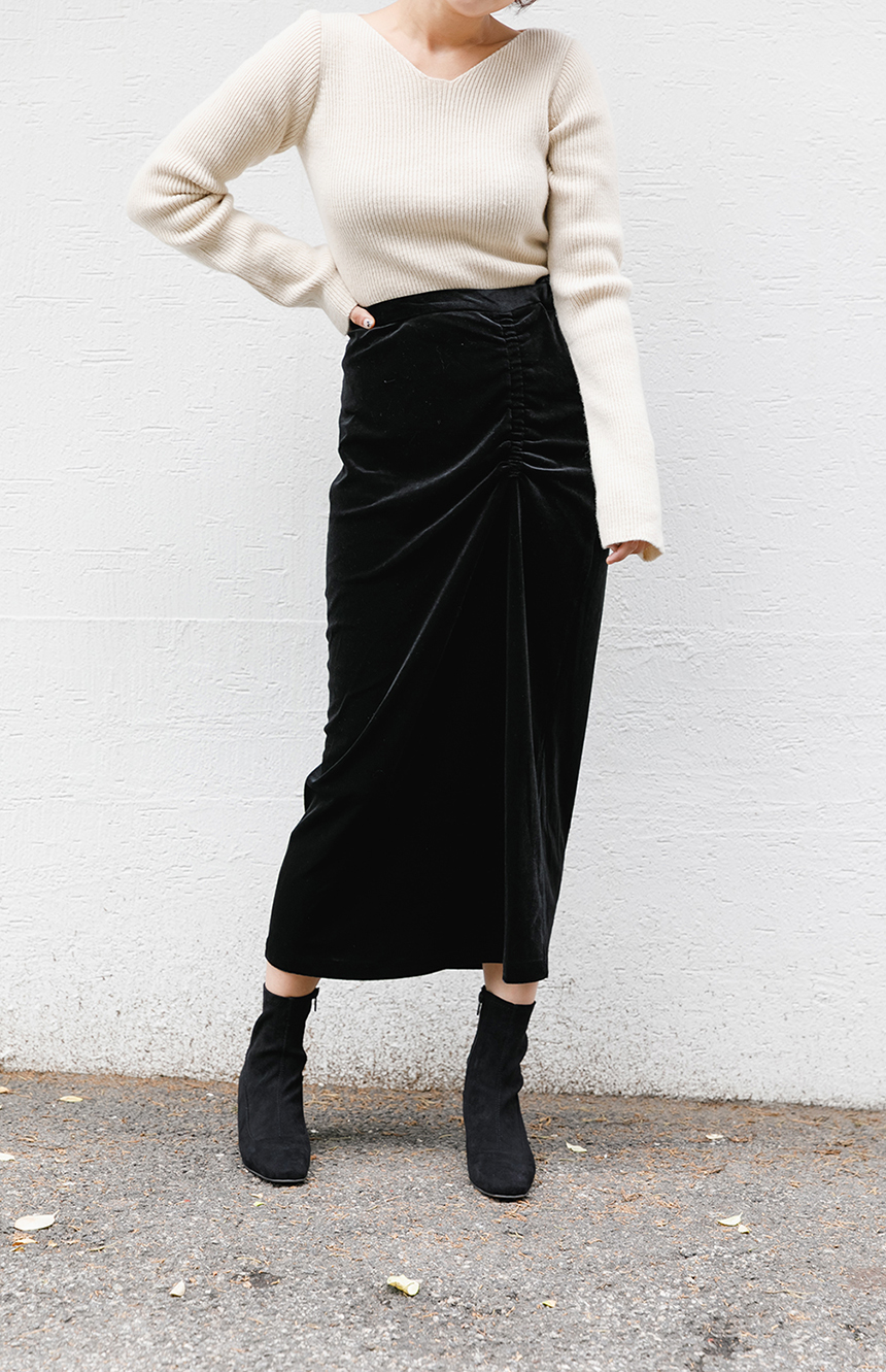 Velvet shirring long skirt 3colors easy to look in