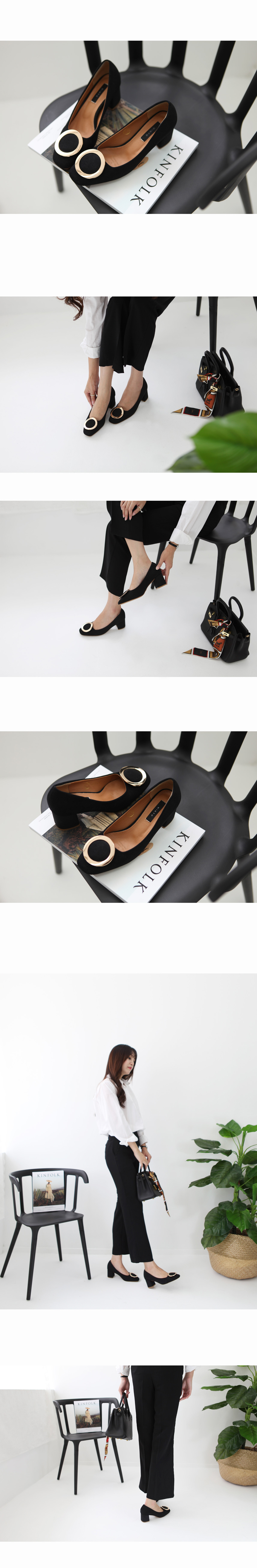 Suede Middle Hill Circle Ring Tongue Pumps 5cm Bla